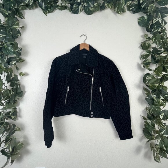 TopShop Moto Side Zip Velvet Denim Jacket Leopard Black NWT Women’s Size 6 - Picture 1 of 8